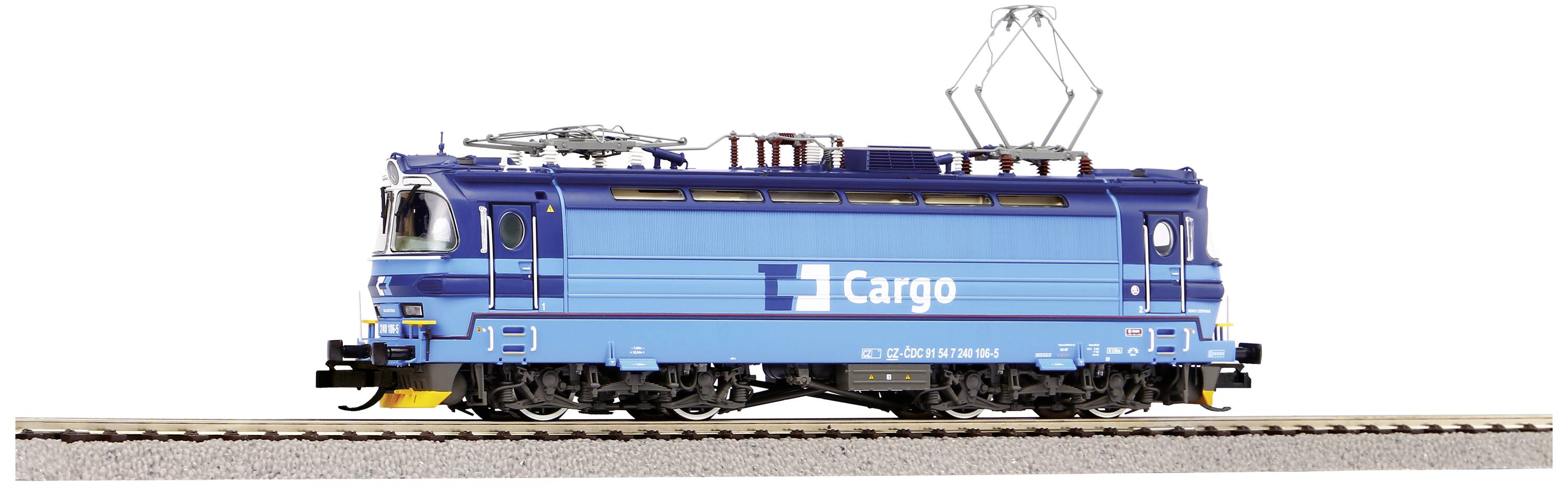 A blue model train locomotive with the 'Cargo' logo is travelling on a track.