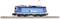 A blue model train locomotive with the 'Cargo' logo is travelling on a track.