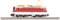 A red and white model of an electric locomotive on a track, side view, with a pantograph-like current collector on top.