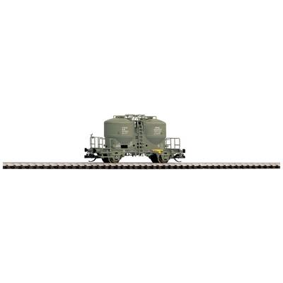 A grey railway freight wagon with two cylindrical tanks on tracks, with side markings visible.