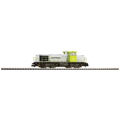 Stylised depiction of a green and white locomotive with 'CAPTRAIN' logo, positioned on railway tracks.