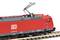 A red model train with the Deutsche Bahn logo is travelling on tracks. The train has a pantograph on its roof.