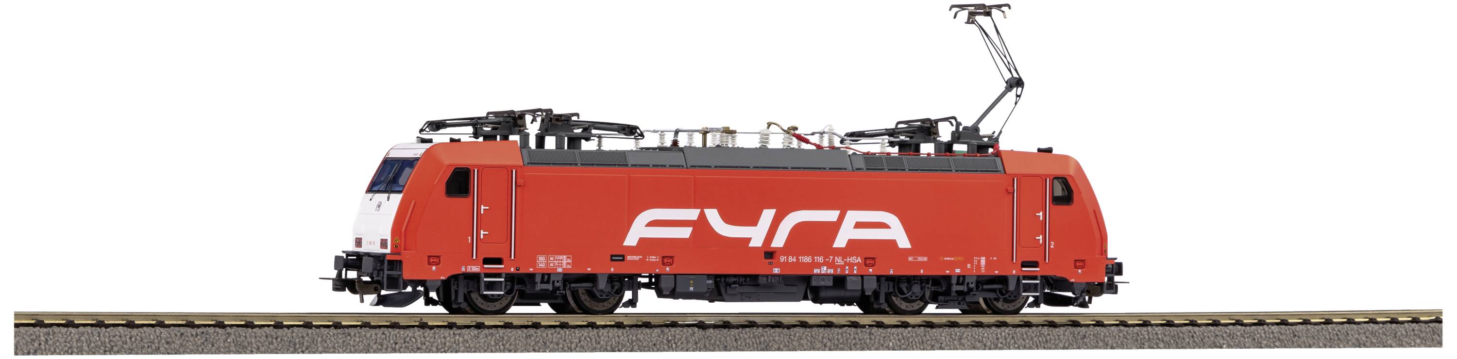 A red locomotive by FYRA on railway tracks, viewed from the side. Overhead contact line current collector mounted on the roof.