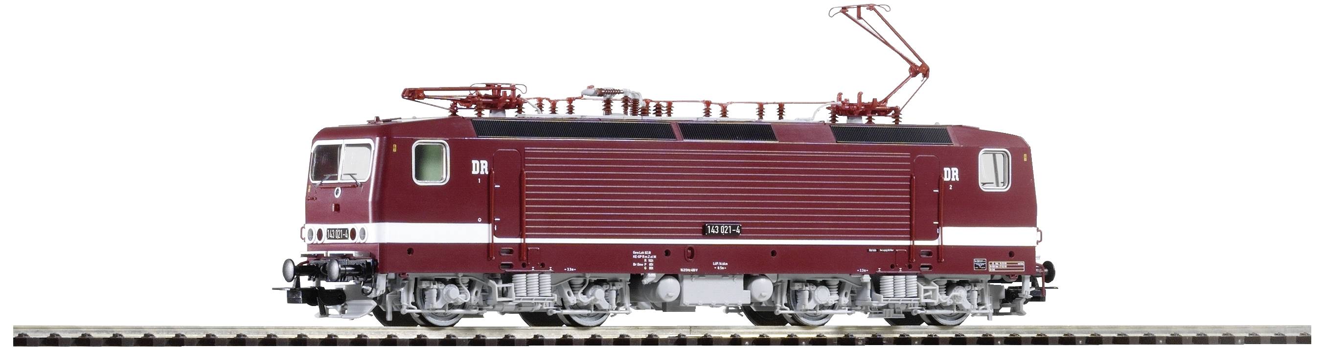 Red electric locomotive on track, photographed from the side; Detailed replica with visible pantographs and wheels.