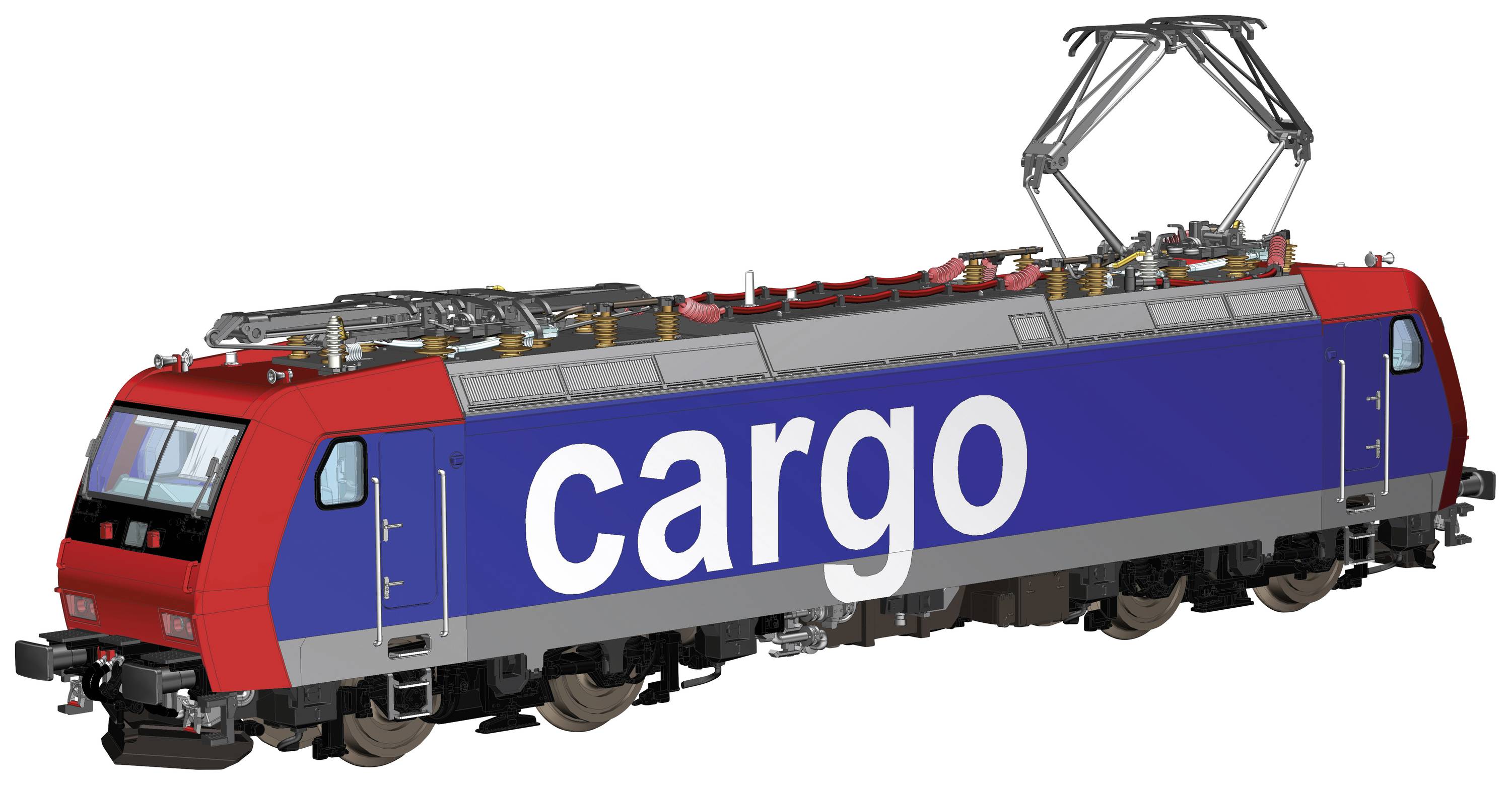 A red and blue electric locomotive with the word 'cargo' on its side, symbolises freight transport by rail.