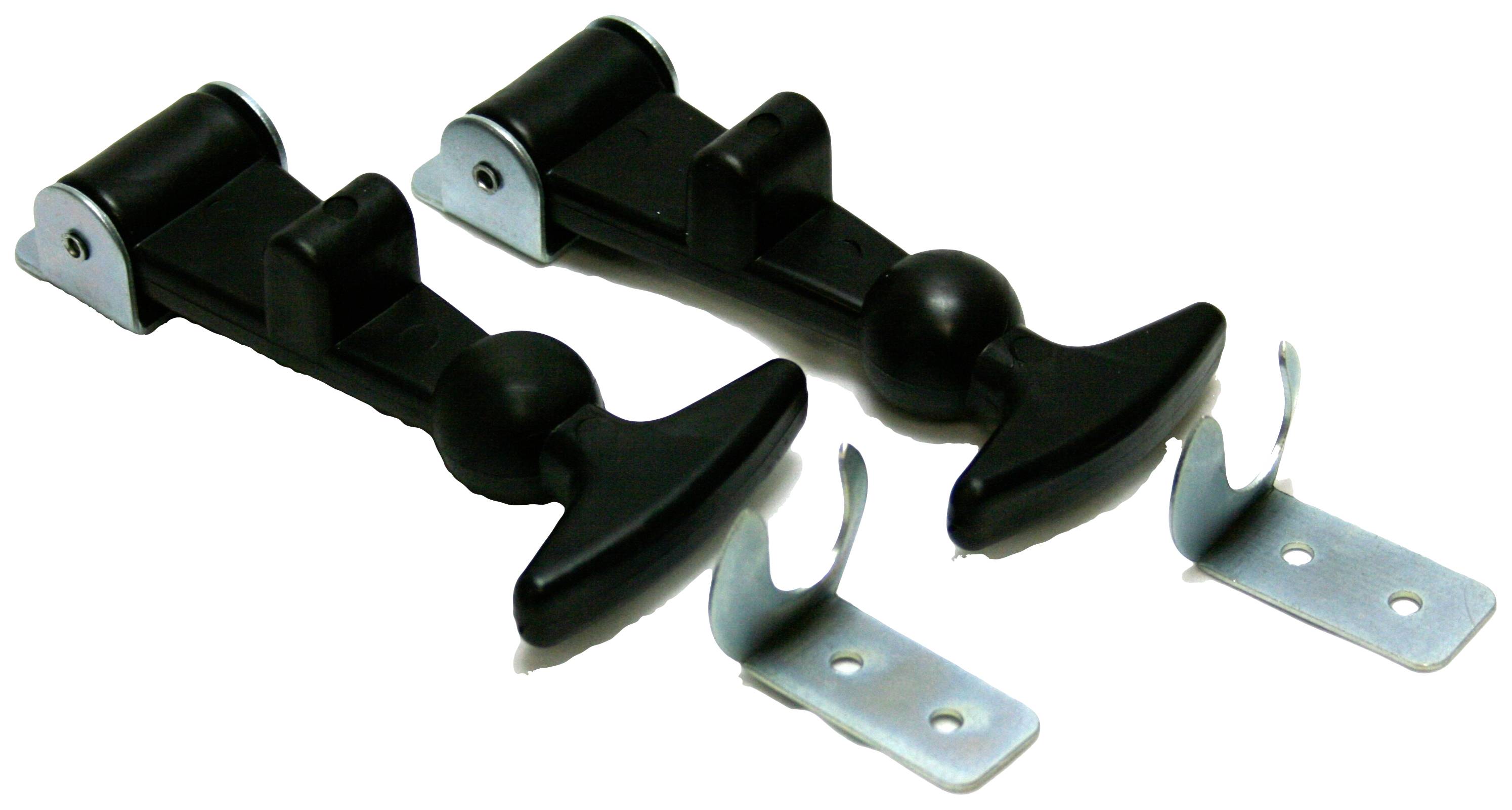 Two black plastic handles with metal mounting brackets, each with a corresponding wall-mounting bracket. They are shown in pairs.