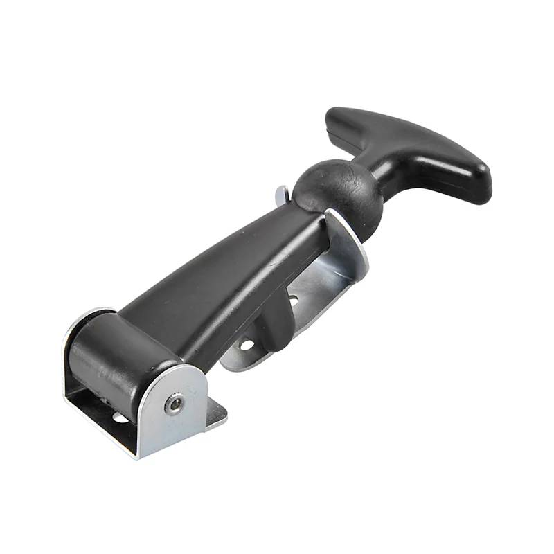 Black plastic lever with T-shaped handle and metal mounting, used as a locking mechanism for doors or devices.