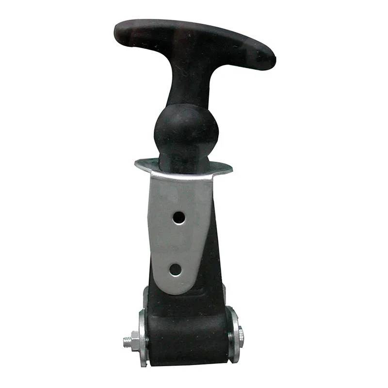 A black door handle with a silver mounting and screws, pictured against a neutral background.