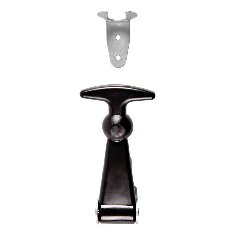 A black metal wall hook with a T-shaped knob, with a separate metal mounting bracket featuring two holes for easy installation.