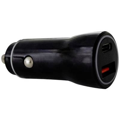 Black USB car charger with one USB-A and one USB-C port. Ideal for charging devices while on the go.