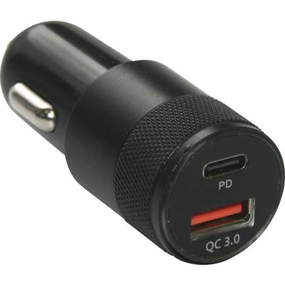 A black USB car charger with USB-C and USB ports, labelled 'PD' and 'QC 3.0', is resting on a light surface.