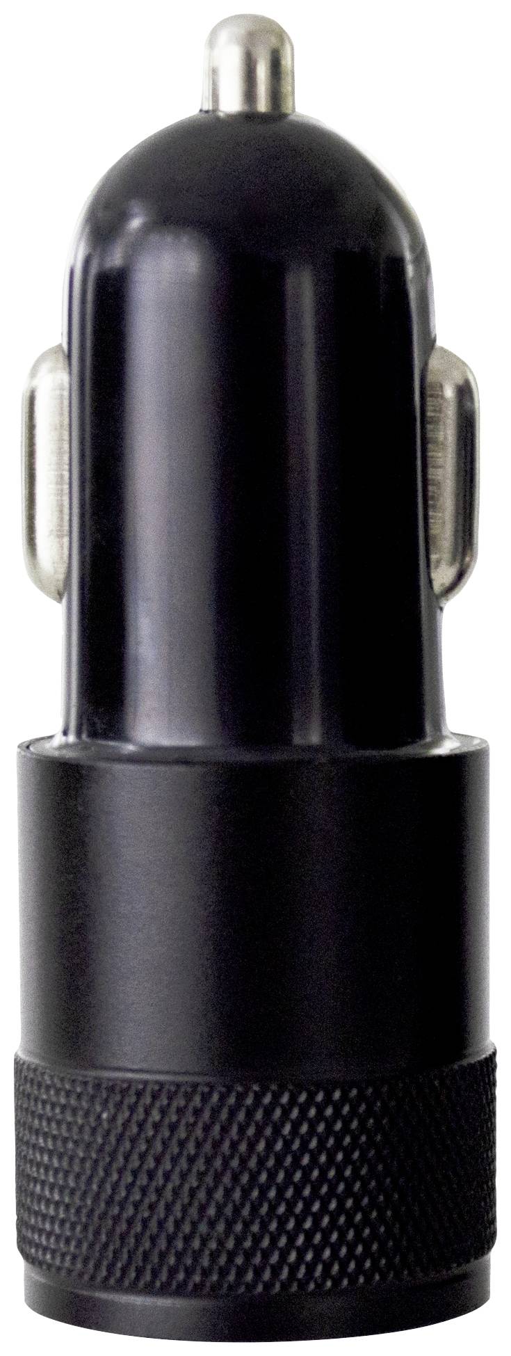A black car charger adapter with silver contacts, suitable for the cigarette lighter socket in a car.