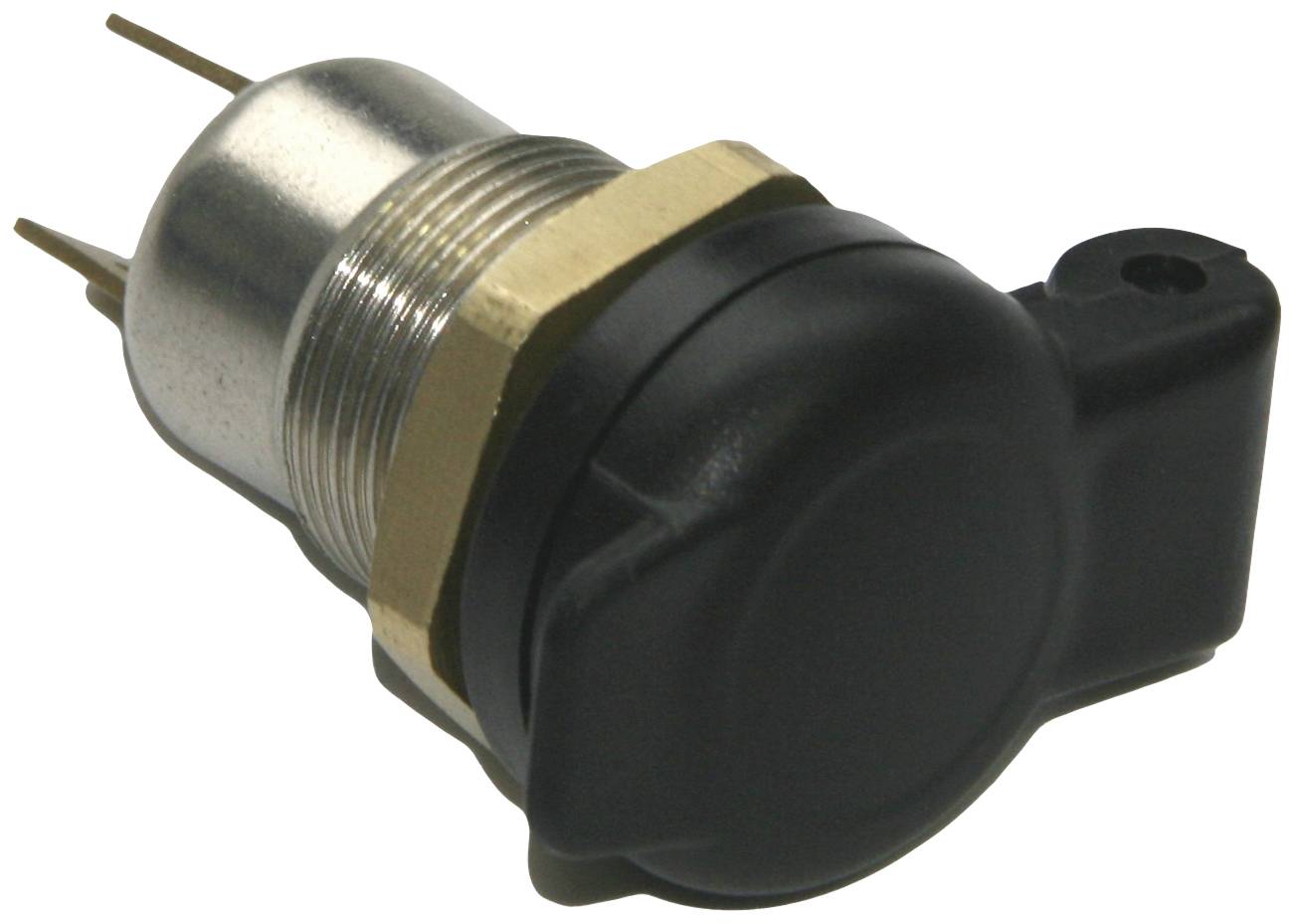 A black push-button switch with a metal thread and two terminal connections for mounting.