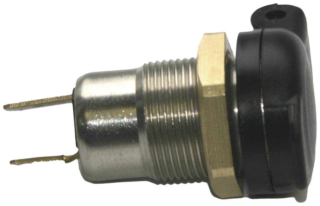 Close-up of a cylindrical electrical component with a metal thread and two connecting pins, likely a switch or sensor.