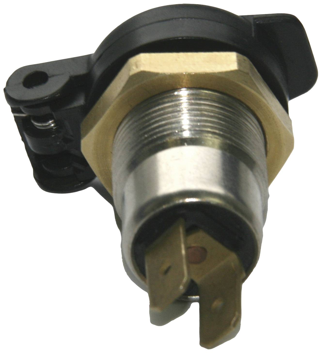 The image depicts a temperature sensor with a brass thread and two metal connecting pins, used in vehicle engine systems.