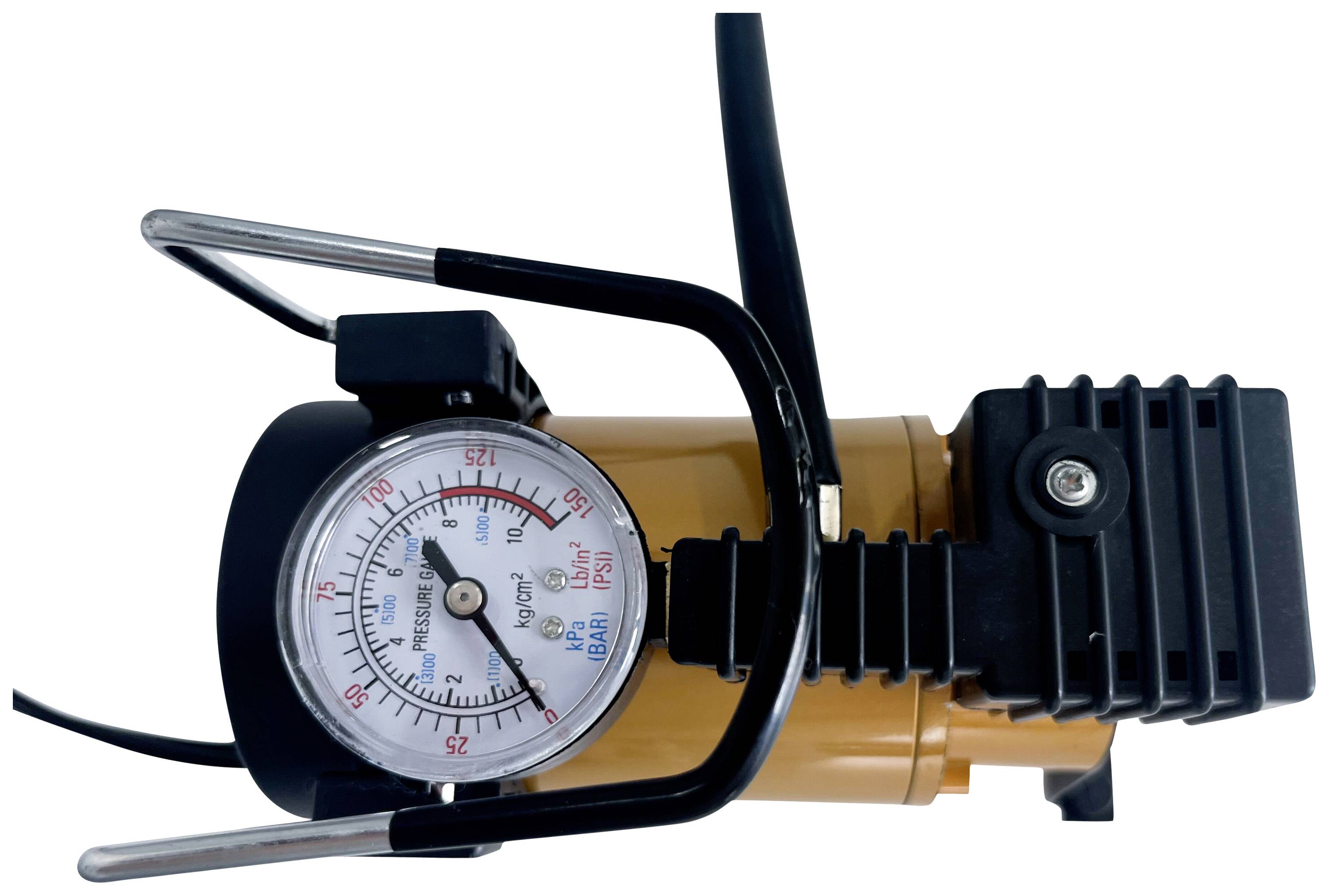 Air compressor with pressure gauge, showing pressure in bar and PSI. Main colours are black and brown.