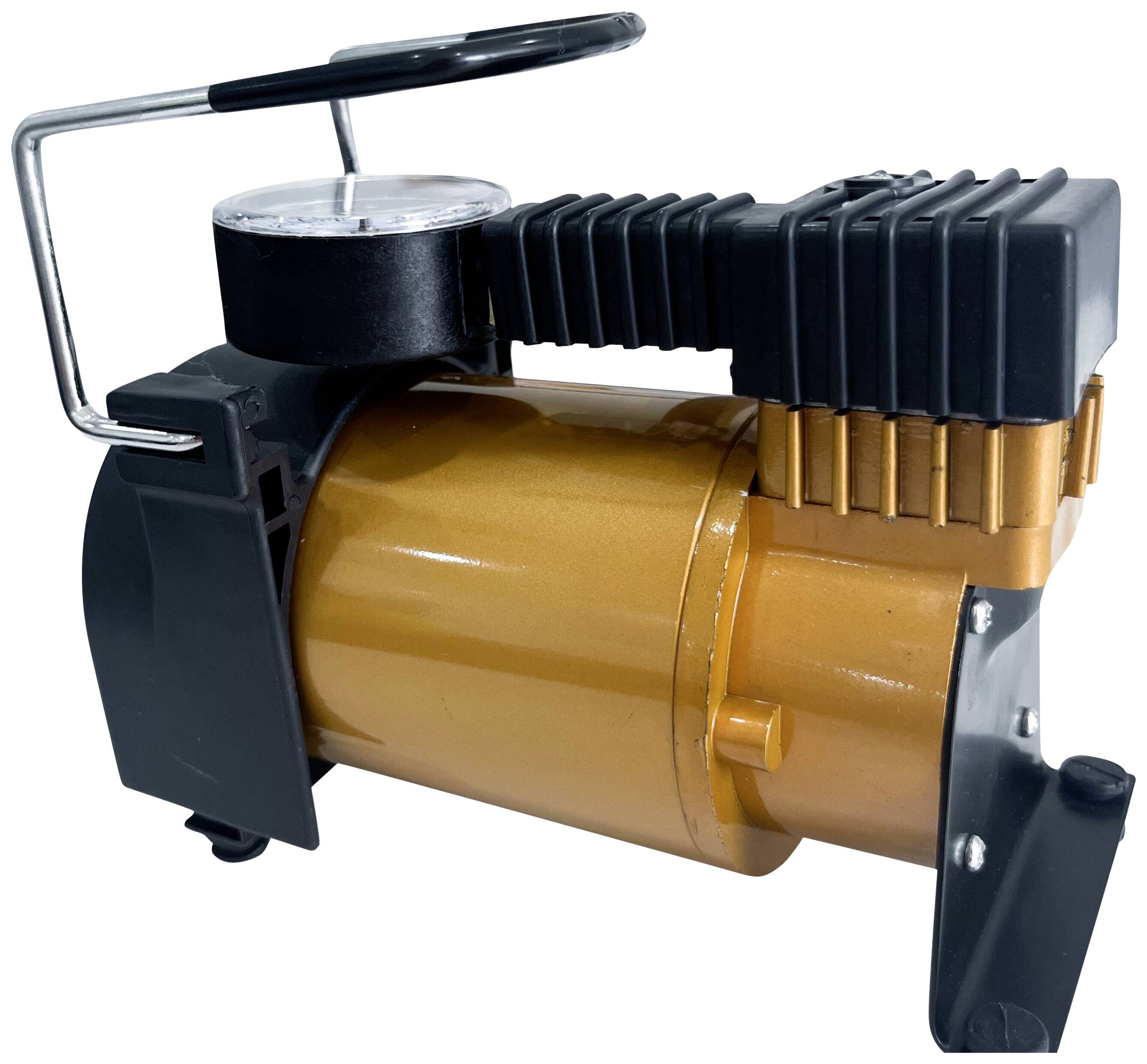 A portable, orange air compressor with pressure gauge and handle, suitable for inflating car tyres or sports equipment.