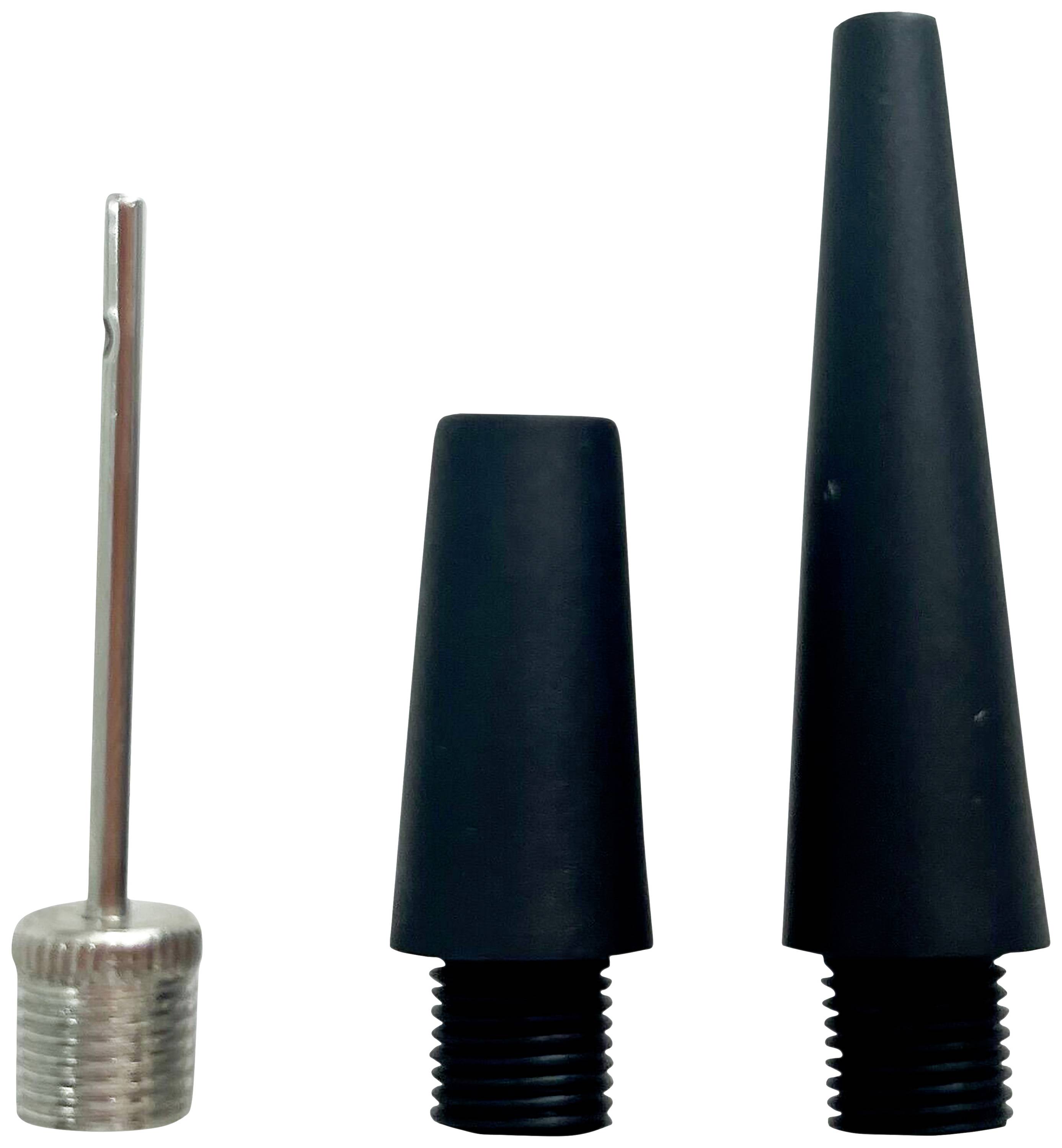 Three nozzles for a pump: a metal needle and two black plastic nozzles, each with different shapes.