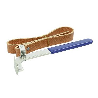 A blue tensioning lever next to a brown tensioning strap.