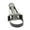 Metallic oil filter wrench with adjustable strap and knurled screw, suitable for easy removal of oil filters.