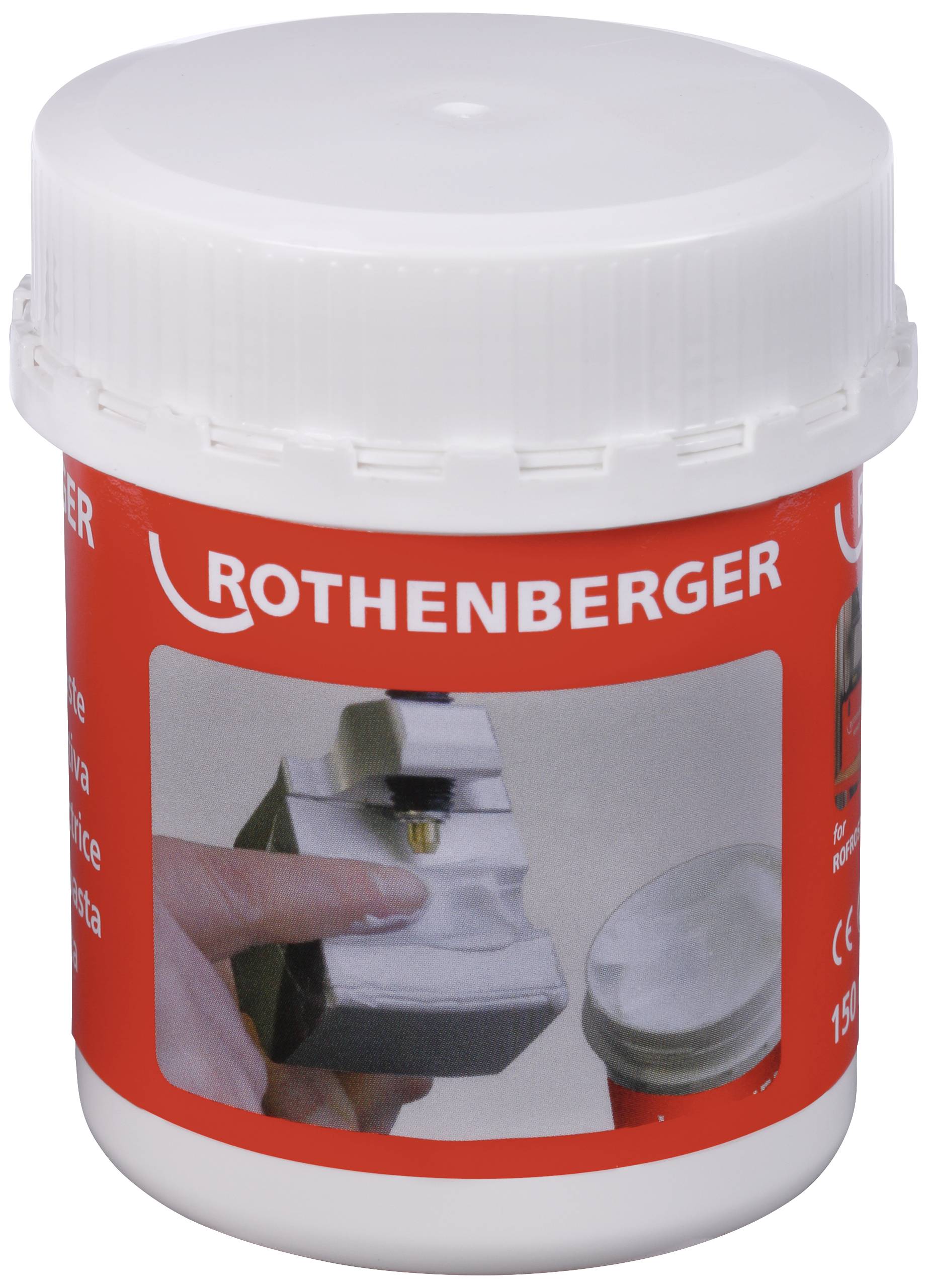 Container with the label 'Rothenberger', showing a hand holding a metallic tool, next to an open tin.