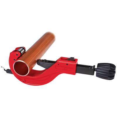 Red pipe cutting tool with a black handle, showing an open position for cutting pipes made from various materials.