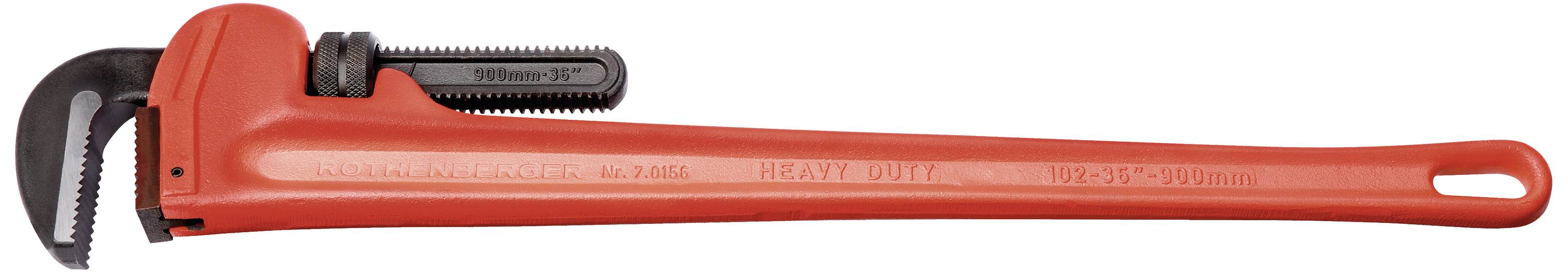 Red pipe wrench with black jaw mechanism, lying on a white surface. Suitable for plumbing work or gripping pipes.