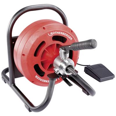 A red electric pipe cleaning machine with a black handle and foot pedal, suitable for cleaning waste water pipes.