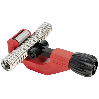 Red tube cutting device with metal spool and black rotary handle, used for precise cutting of hoses and pipes.