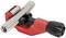 Red tube cutting device with metal spool and black rotary handle, used for precise cutting of hoses and pipes.
