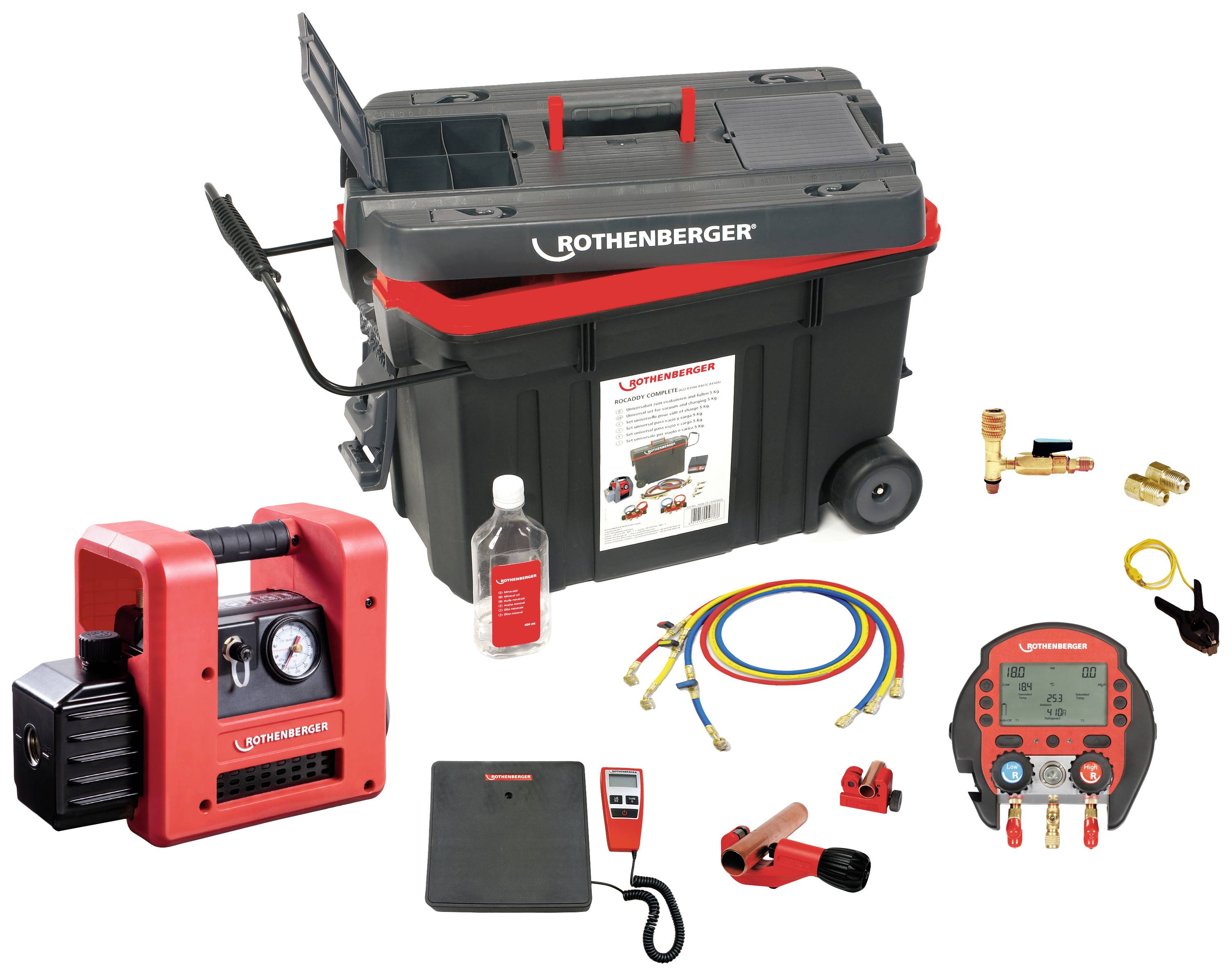A set of HVAC diagnostic tools and accessories, including pressure gauges, hoses, vacuum pump and tool case, for professional maintenance.
