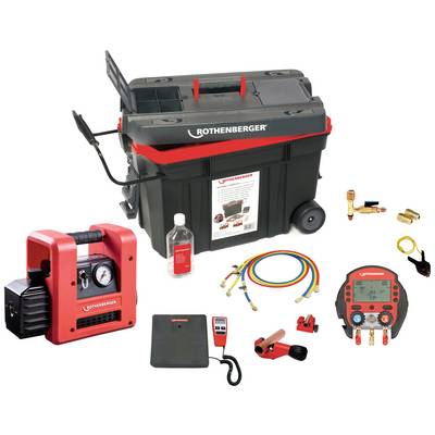 A set of HVAC diagnostic tools and accessories, including pressure gauges, hoses, vacuum pump and tool case, for professional maintenance.
