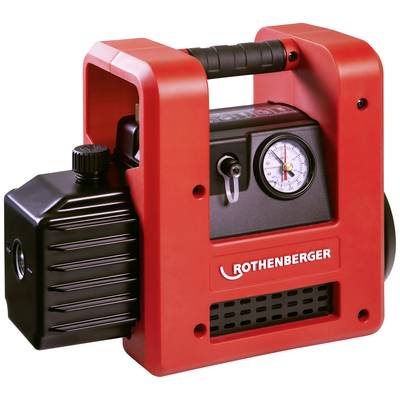 Red vacuum pump by Rothenberger, with pressure gauge and black oil reservoir, for evacuating refrigeration and air conditioning systems.