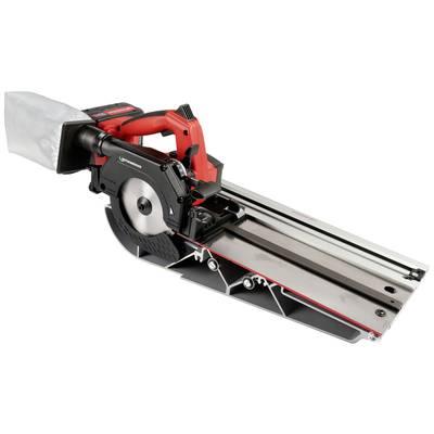 Electric saw on rail system for precise woodworking. Red and black colour accents, integrated dust collection bag.