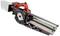 Electric saw on rail system for precise woodworking. Red and black colour accents, integrated dust collection bag.