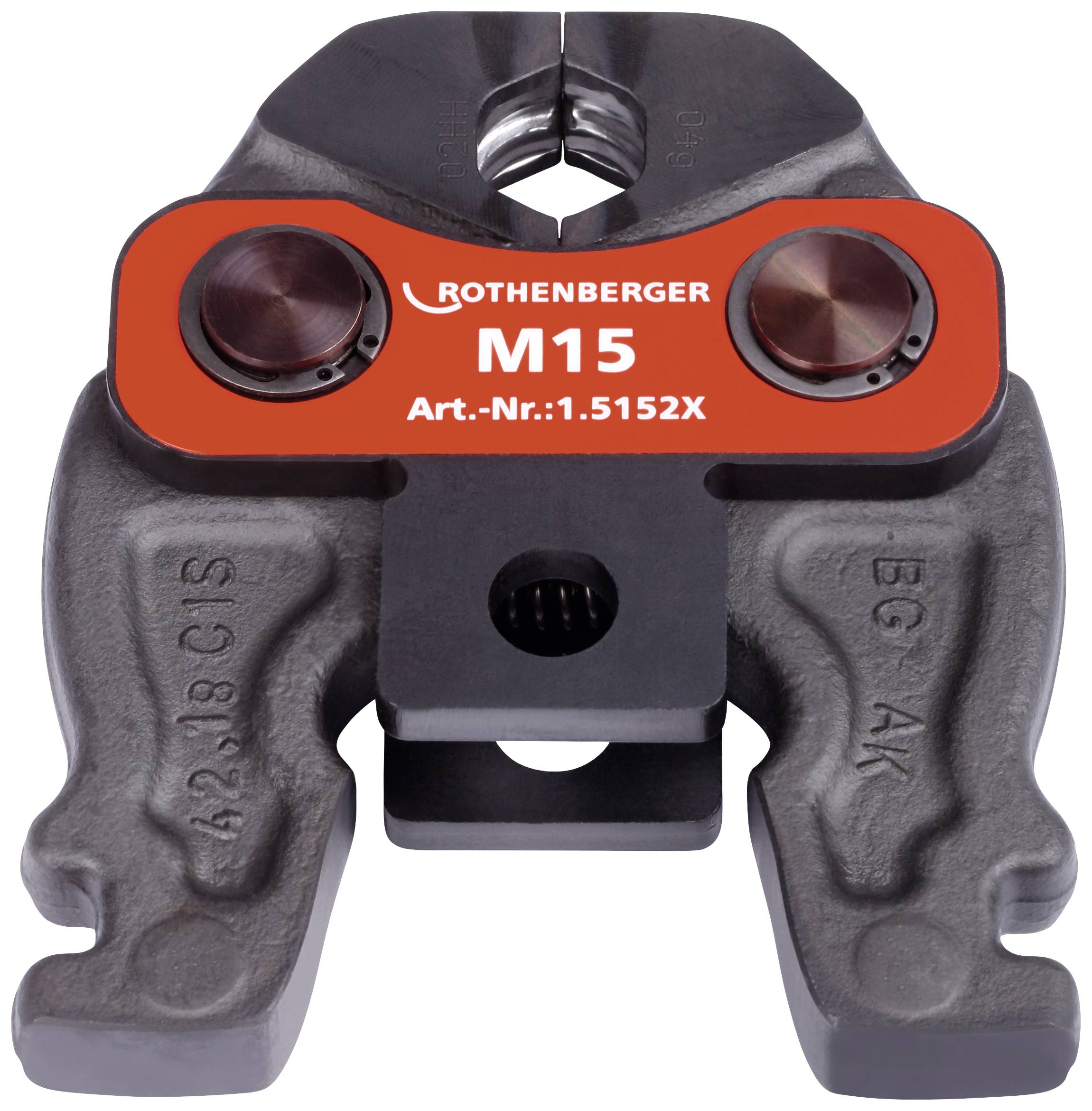 ROTHENBERGER pipe press tongs, Model M15, Article number 1.5152X, focusing on the jaws and red-marked surface.