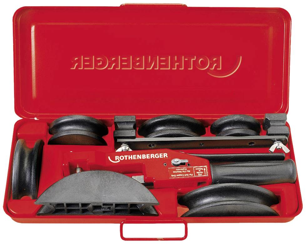 Red toolset by Rothenberger with various black attachments in an open case, suitable for installation work.