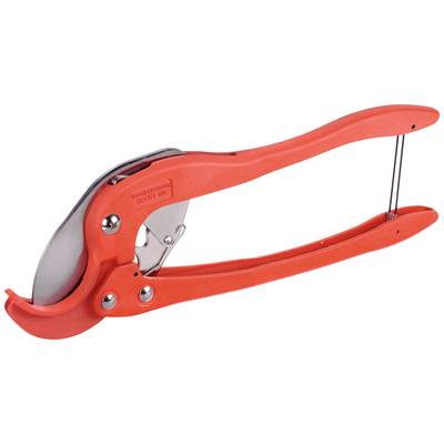A red garden secateurs with a sharp metal blade and a plastic handle. It is open and used for cutting branches.