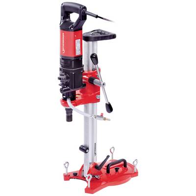 Red drill machine with sturdy stand and handle, suitable for precise drilling in industrial materials.