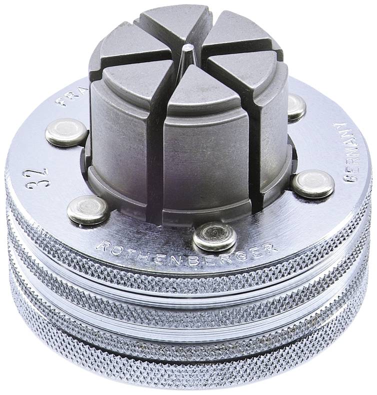 Silver, metallic pipe installation tool with a handle and six symmetrical jaws for gripping various object sizes.