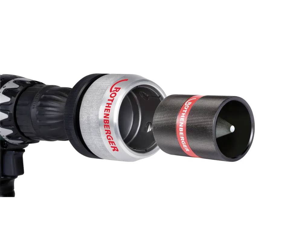 A pipe reaming tool by ROTHENBERGER is shown, featuring a detachable component designed for smooth internal surface finishing of pipes.