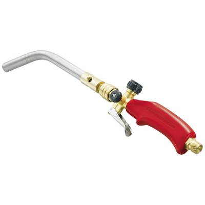 A gas torch with a red plastic handle and a metal tube angled upwards. Used for precise soldering work.