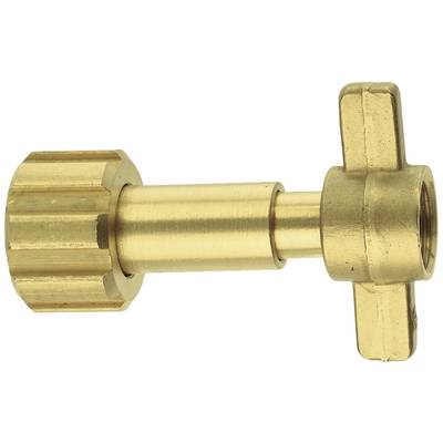 A brass-coloured gas cylinder connector with a wing handle and knurled edge, for connecting hoses to gas bottles.