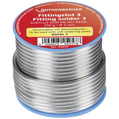 Silver soldering wire with label 'ROTHENBERGER Fitting Solder 3, Sn97Cu3, 250 g/0.2 mm'. Used with soft soldering paste 'ROSOL 3'.