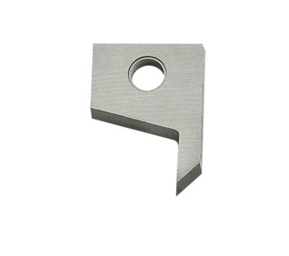 A metallic cutting tool with a rectangular body and a sharp edge on its underside, suitable for precise cuts.