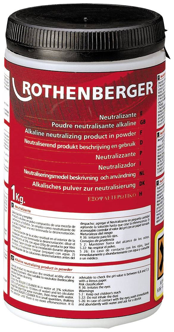 Red label on a container with the inscription 'Rothenberger'. Alkaline neutralising powder in various languages.