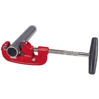A pipe cutter is cutting a metal pipe. Red cutting tool with a black handle, securing the pipe for precise cutting.