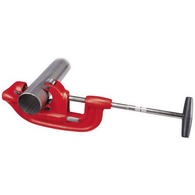 A gleaming metal pipe is being processed with a red pipe cutter. The cutter has a turning handle and a blade for cutting.