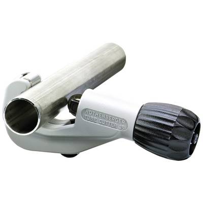 Pipe cutter with silver metal tube, side view. The tool has a black handle and is suitable for precise cutting.