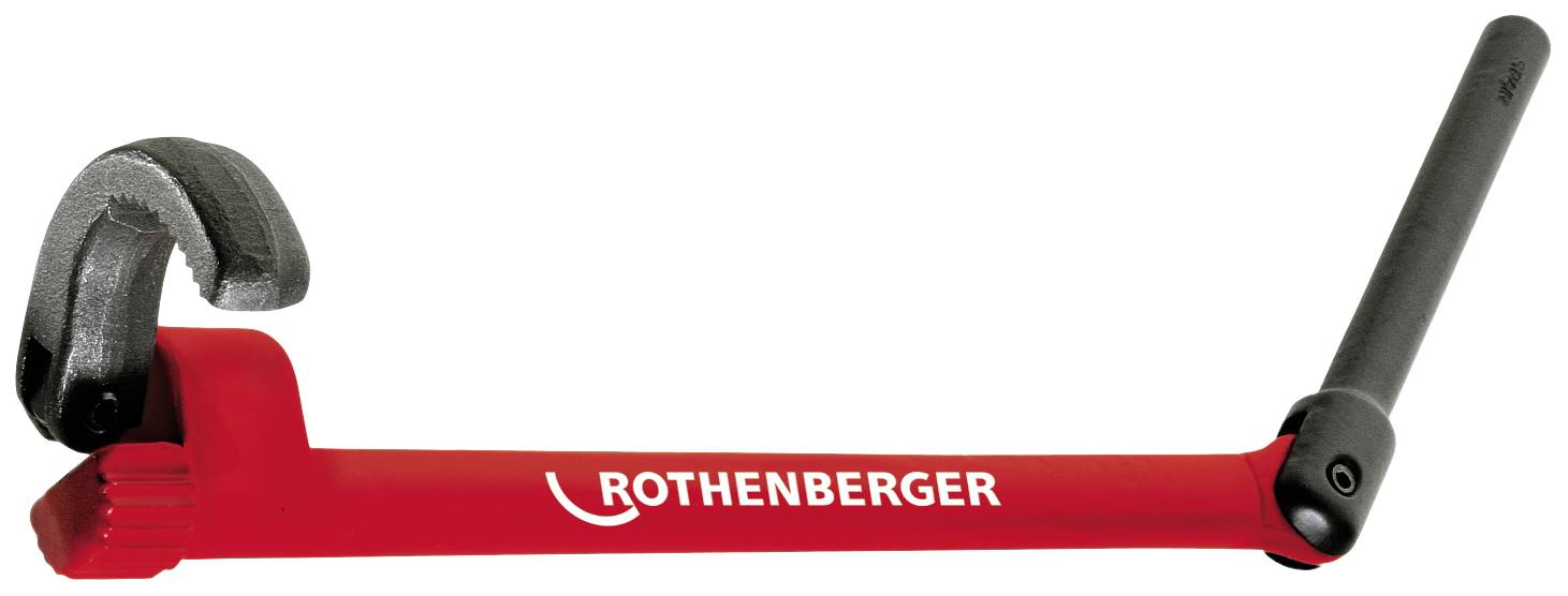 A red tool from Rothenberger, a lever pipe bender, for bending pipes. On the right, a long lever, on the left, the bending unit.